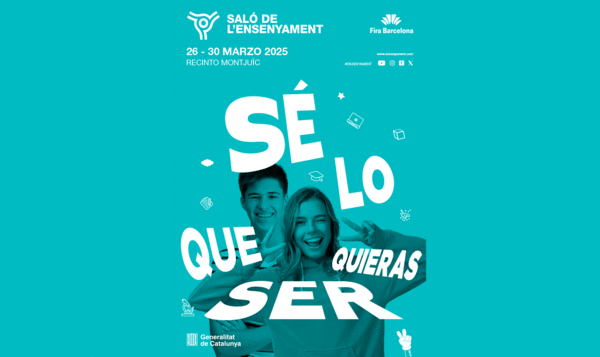 Dos jóvenes estudiantes en el cartel del Saló de l'Ensenyament 2025 con presencia del IED Barcelona